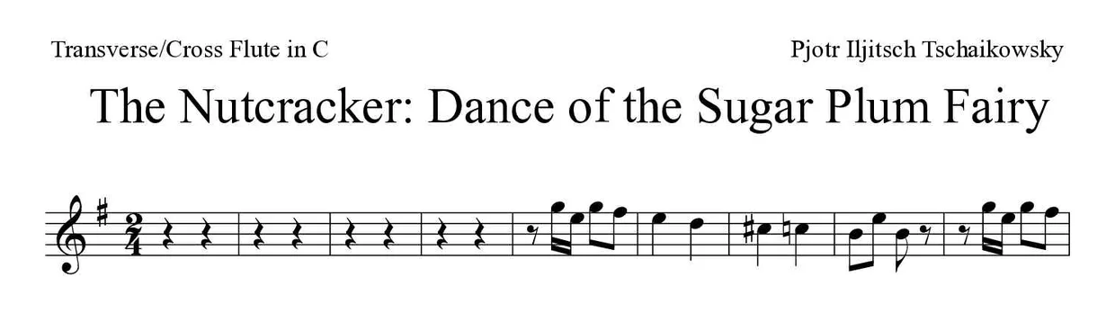 Bladmuziek van The Nutcracker: Dance of the Sugar Plum Fairy voor flute, eerste regels