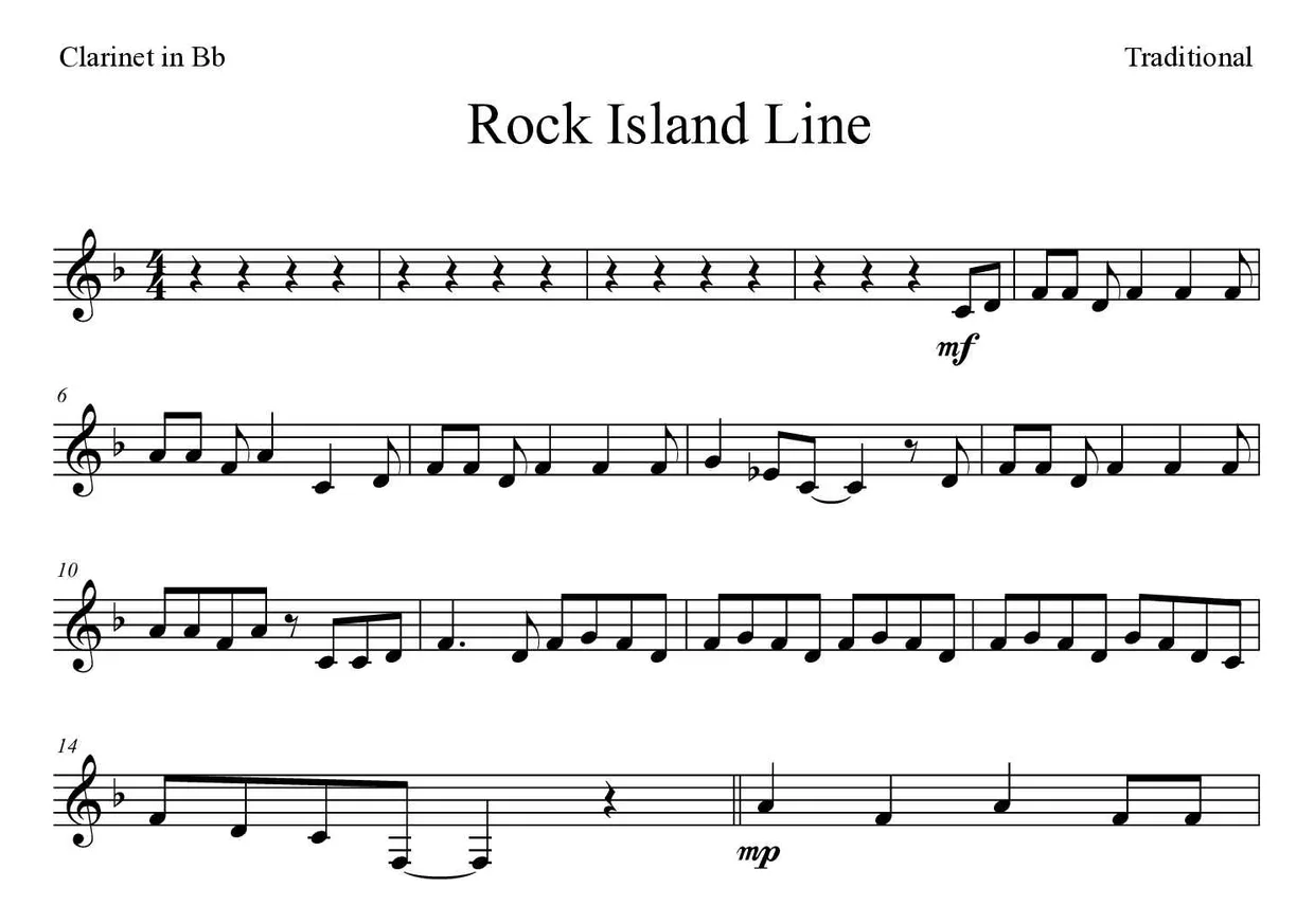‘Rock Island Line’ Clarinet 악보의 첫 몇 줄