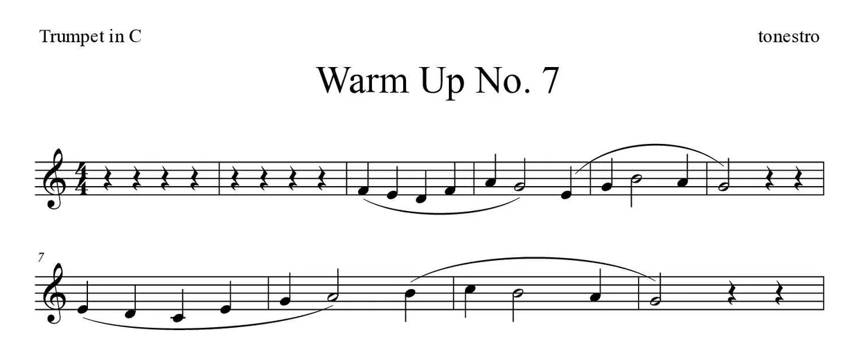 Sheet music of Warm Up No. 7 for trumpet in C (Hard), first lines
