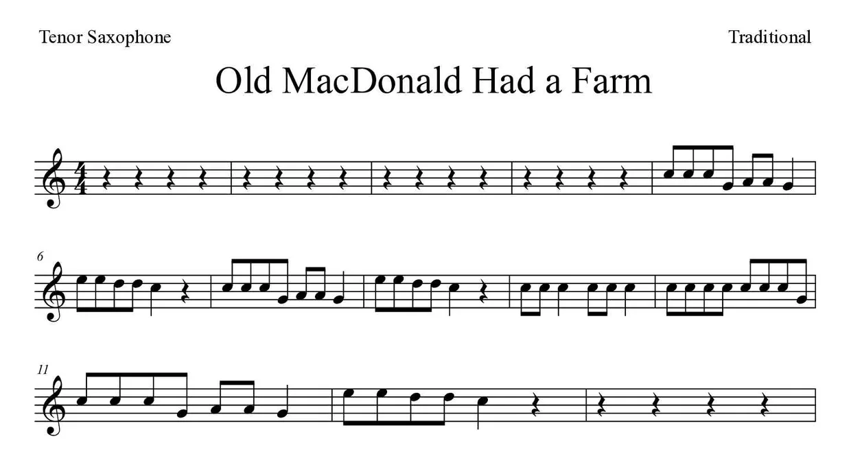 Partitura de Old MacDonald Had a Farm para saxofone tenor, primeiras linhas