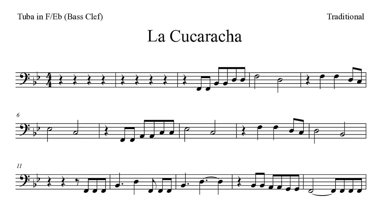 Partition de La Cucaracha pour tuba en fa/mi bémol (clé de fa), premières lignes