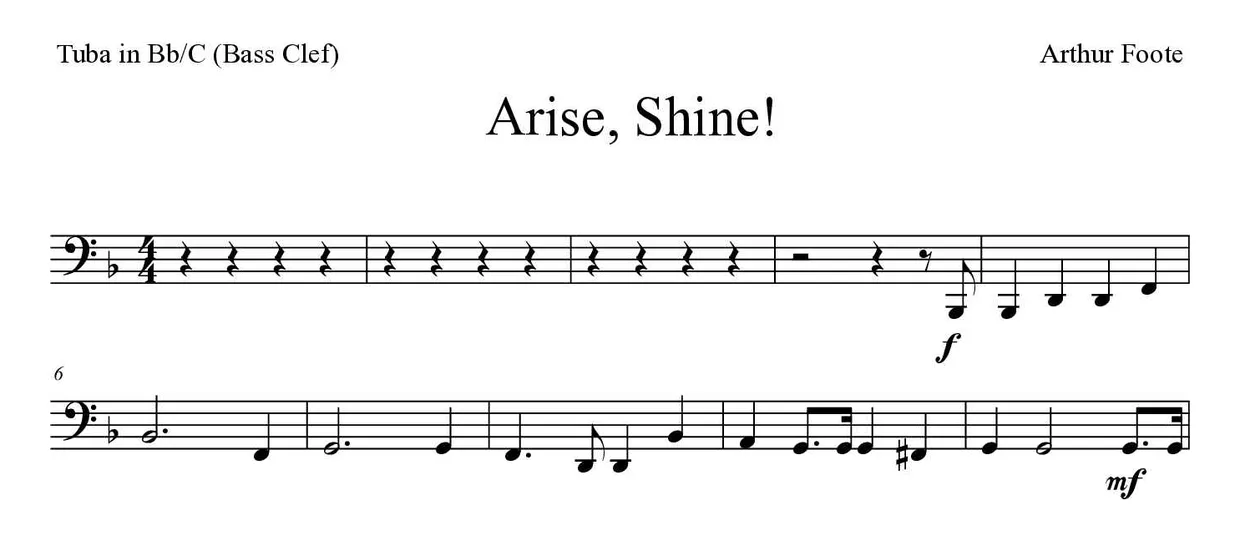 「Arise, Shine!」Tuba in Bb/C (Bass Clef)用楽譜の最初の数段