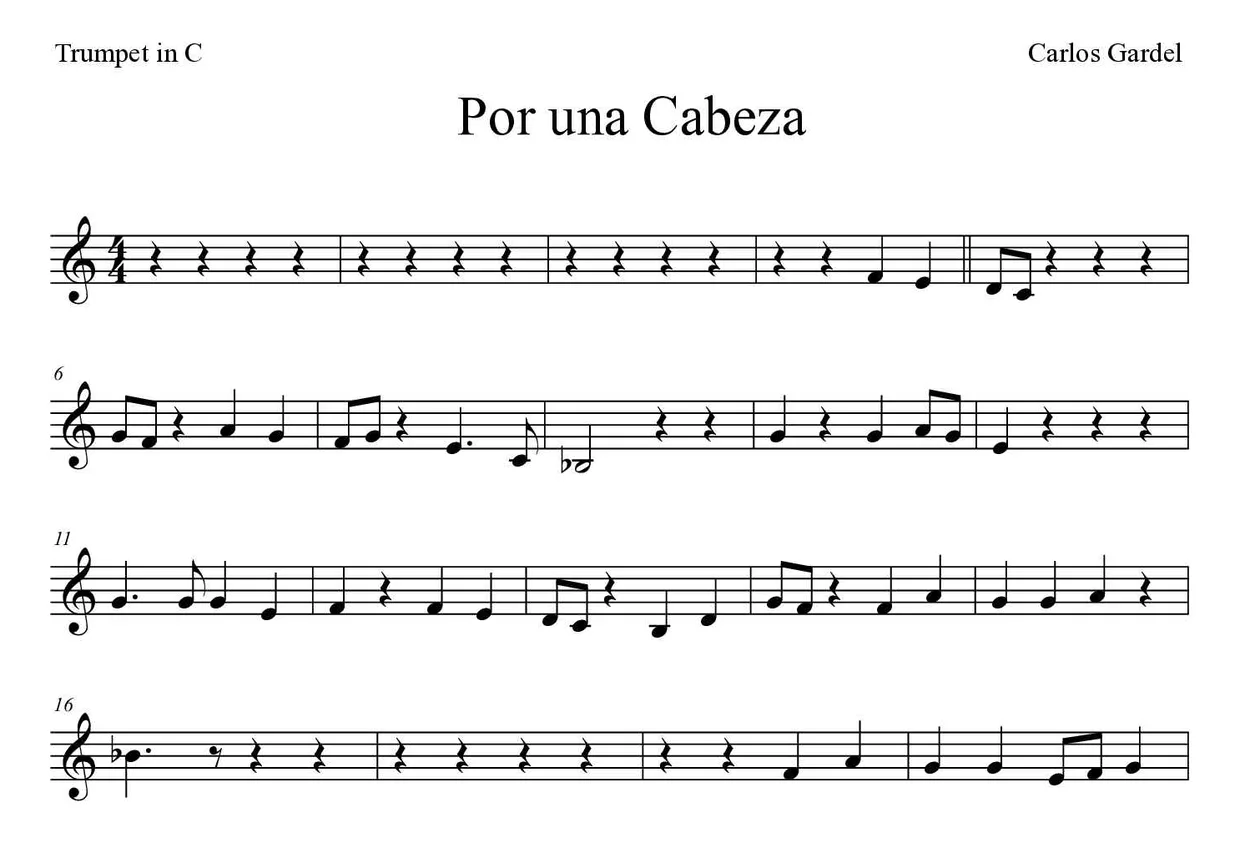 Sheet music of Por una Cabeza for trumpet in C (Easy), first lines