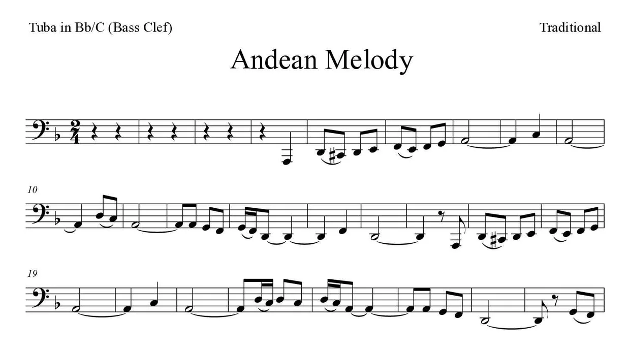 Sheet music of Andean Melody for tuba in Bb/C (bass clef) (Medium), first lines