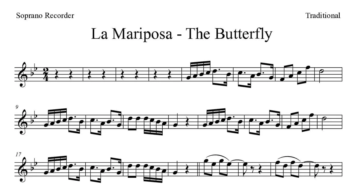 Partitura de La Mariposa - The Butterfly para flauta dulce, primeras líneas