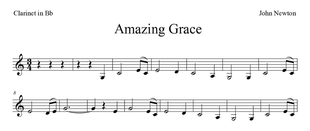 Partitura de Amazing Grace para clarinete, primeiras linhas