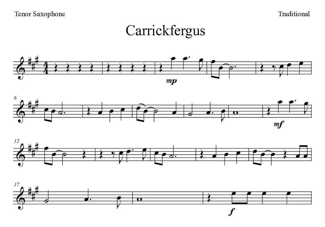 Bladmuziek van Carrickfergus voor tenor saxophone, eerste regels