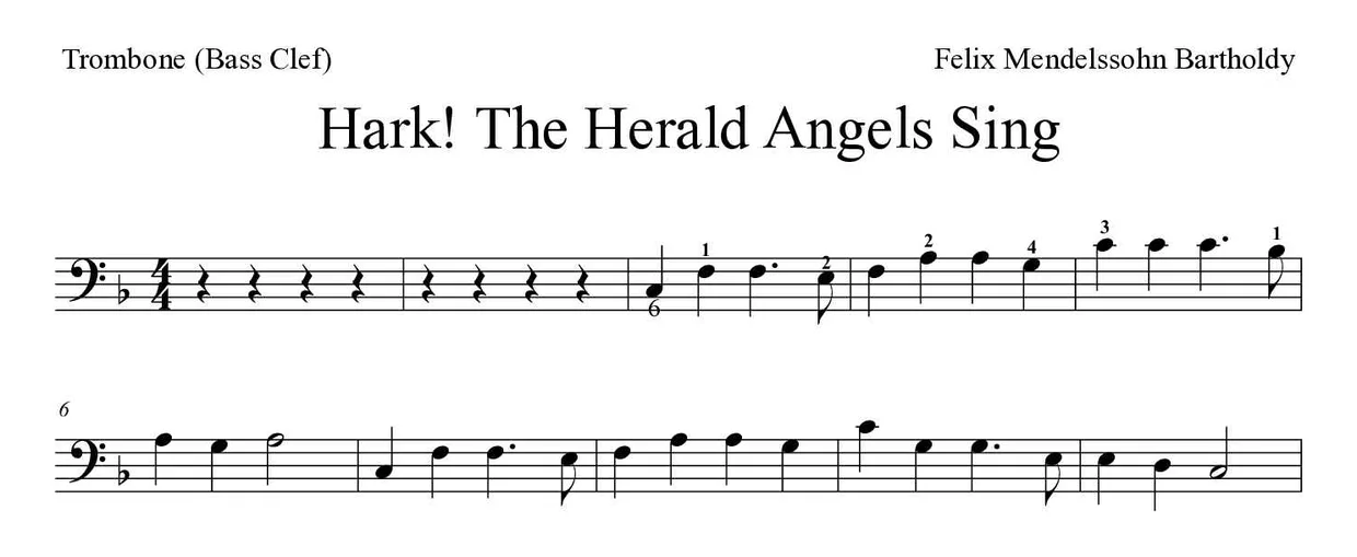 Sheet music of Hark! The Herald Angels Sing for trombone (Hard), first lines