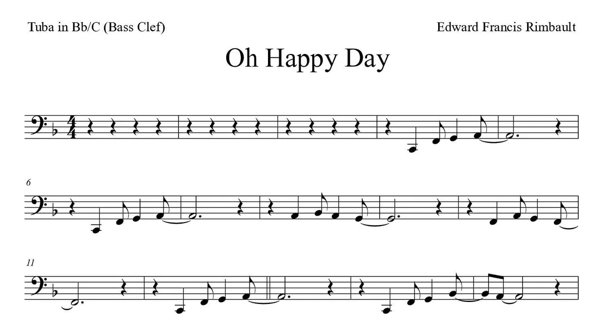 Partition de Oh Happy Day pour tuba en si bémol/do (clé de fa), premières lignes