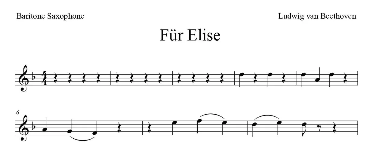 Partitura de Für Elise para saxofón barítono, primeras líneas