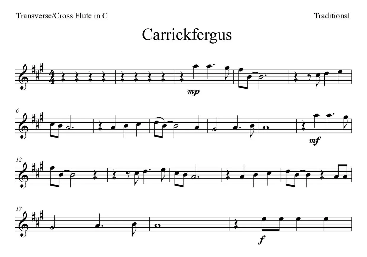 Spartito di Carrickfergus per flute, prime righe