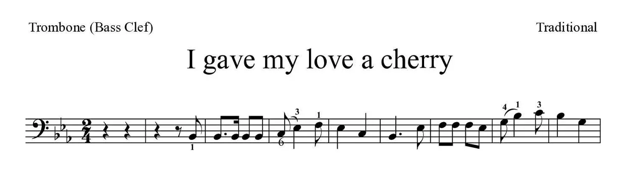 Partitura de I gave my love a cherry para trombón, primeras líneas