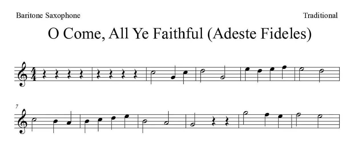 Sheet music of O Come, All Ye Faithful (Adeste Fideles) for baritone saxophone (Easy), first lines