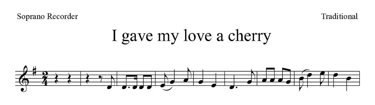 「I gave my love a cherry」Recorder用楽譜の最初の数段