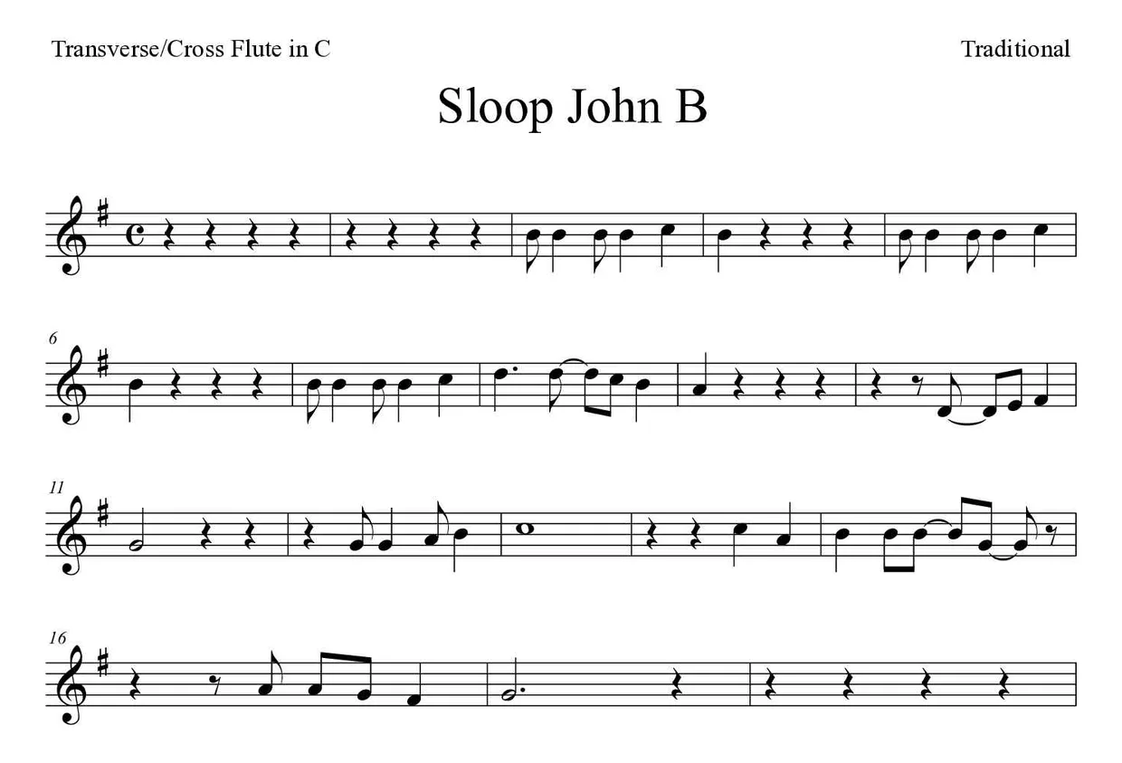 Sheet music of Sloop John B for flute (Medium), first lines
