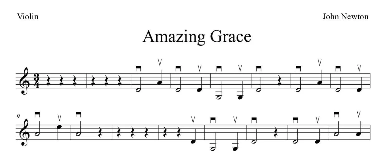 Partitura de Amazing Grace para violín, primeras líneas