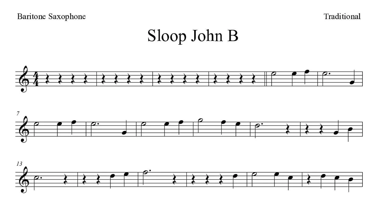 Partitura de Sloop John B para saxofón barítono, primeras líneas