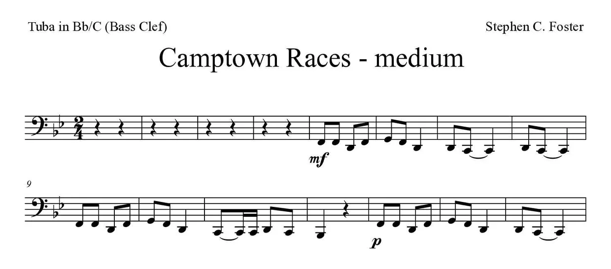 Sheet music of Camptown Races - medium for tuba in Bb/C (bass clef) (Medium), first lines