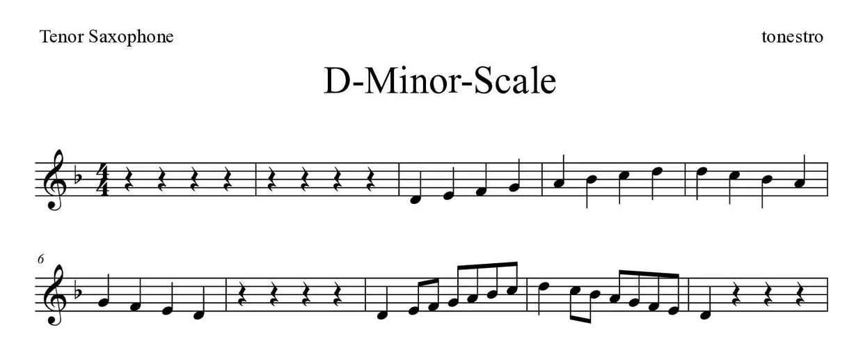 Bladmuziek van D-Minor-Scale voor tenor saxophone, eerste regels