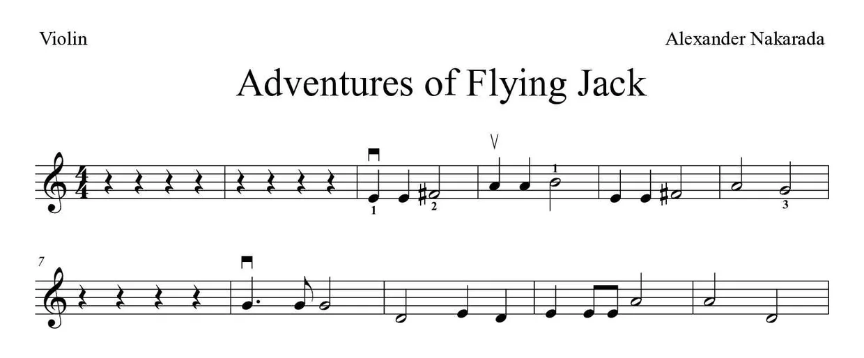 Sheet music of Adventures of Flying Jack for violin (Medium), first lines