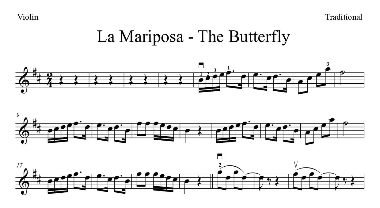 Partitura de La Mariposa - The Butterfly para violín, primeras líneas