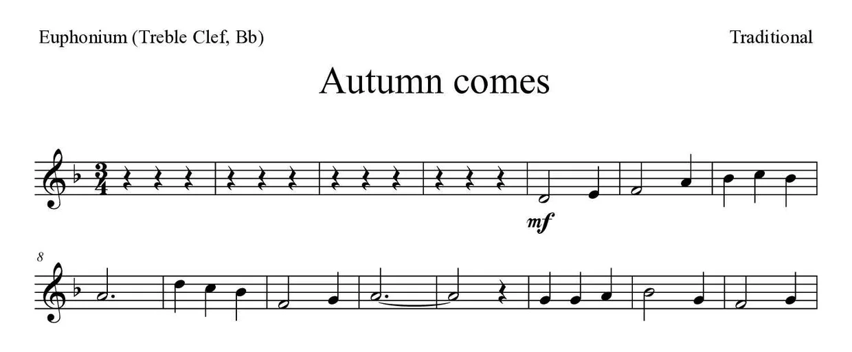 ‘Autumn comes’ Euphonium (Treble Clef, Bb) 악보의 첫 몇 줄