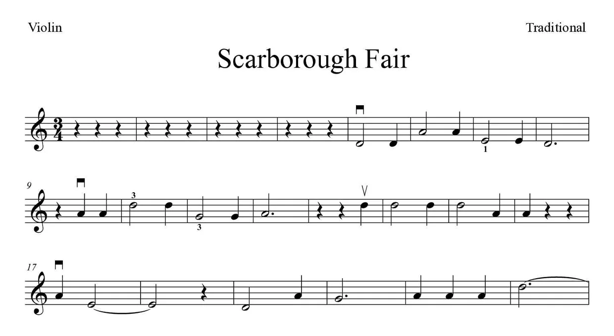 Noten von Scarborough Fair für Geige (Mittel), erste Zeilen