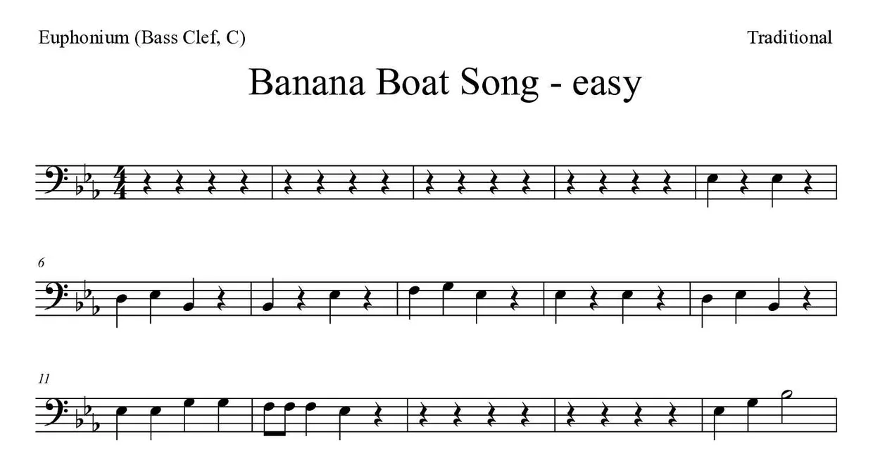 「Banana Boat Song - easy」Euphonium (Bass Clef, C)用楽譜の最初の数段