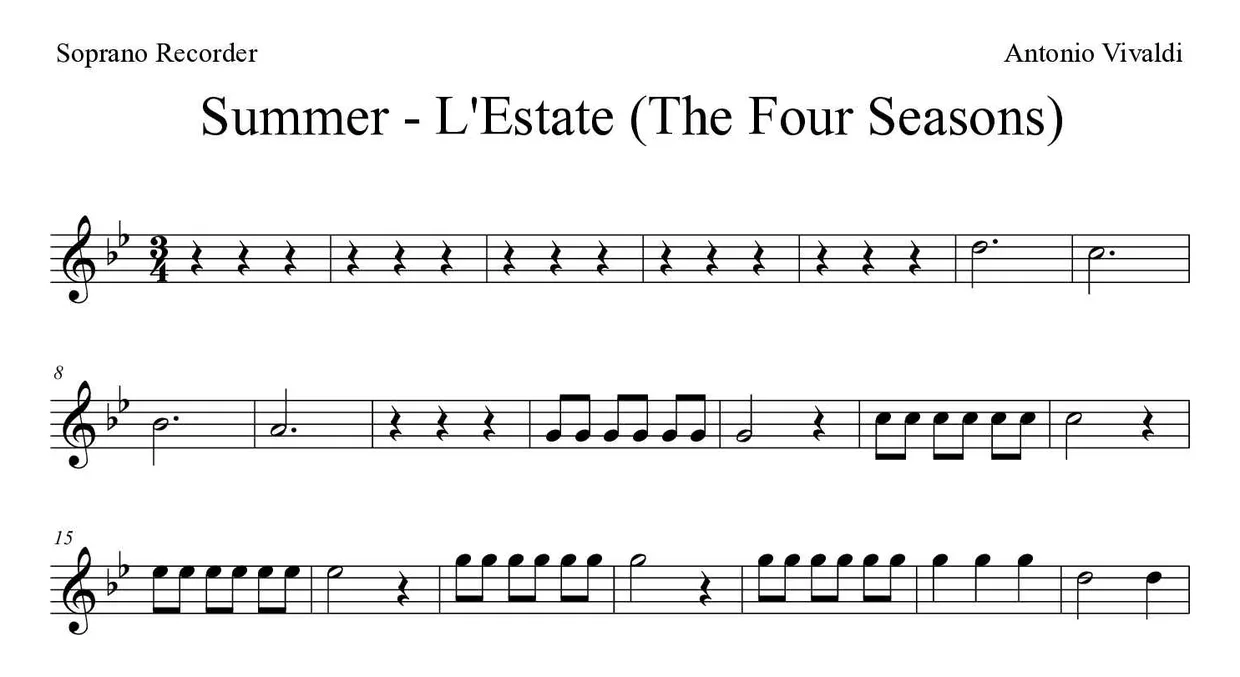 Noten von Sommer - L'Estate (Die vier Jahreszeiten) für Blockflöte (Schwer), erste Zeilen