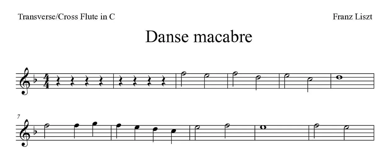 Partitura de Danse macabre para flauta traversa, primeras líneas