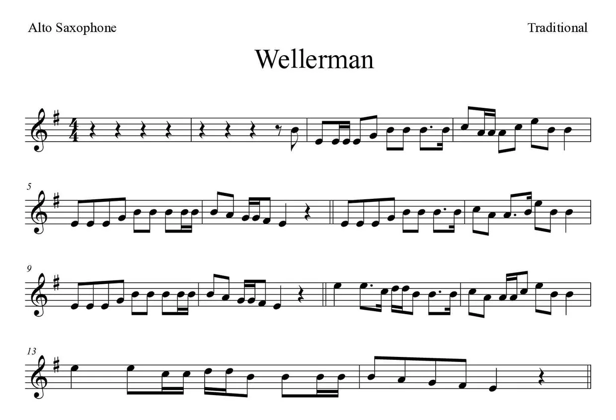 「Wellerman」Alto Saxophone用楽譜の最初の数段