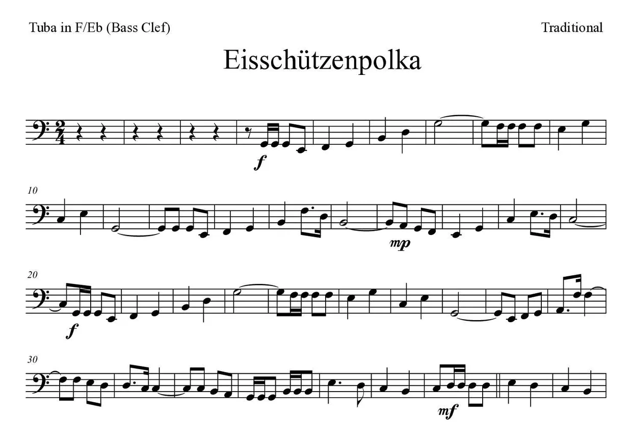 Noten von Eisschützenpolka für Tuba in F/Es (Bassschlüssel) (Schwer), erste Zeilen