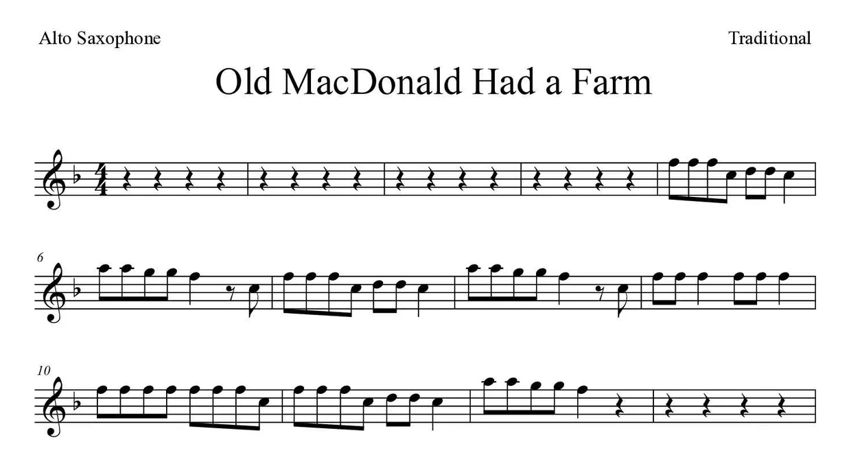 Partitura de Old MacDonald Had a Farm para saxofón alto, primeras líneas