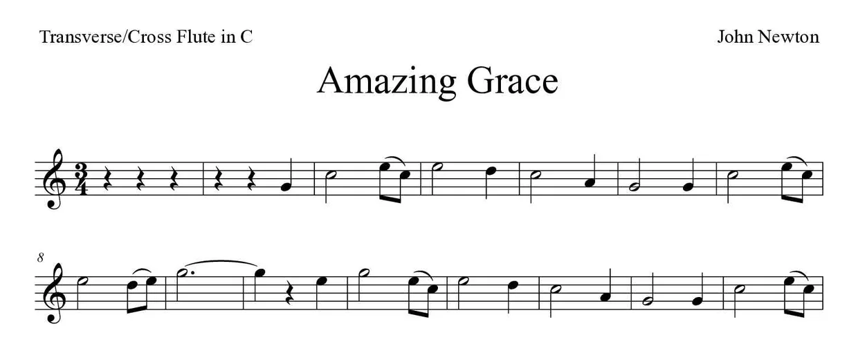 Sheet music of Amazing Grace for flute (Easy), first lines