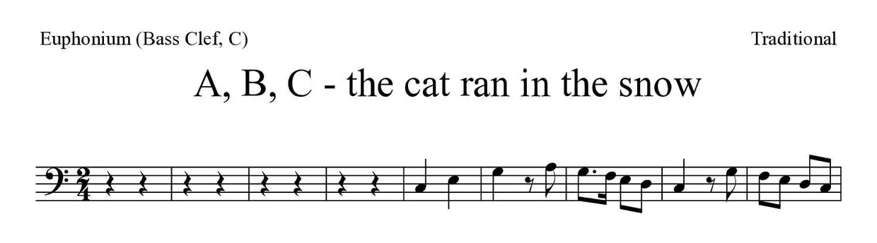 Bladmuziek van A, B, C - the cat ran in the snow voor euphonium (bass clef, C), eerste regels