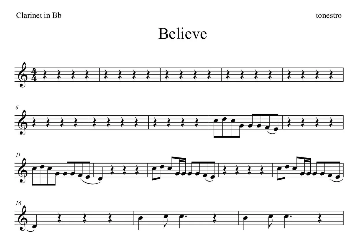 ‘Believe’ Clarinet 악보의 첫 몇 줄