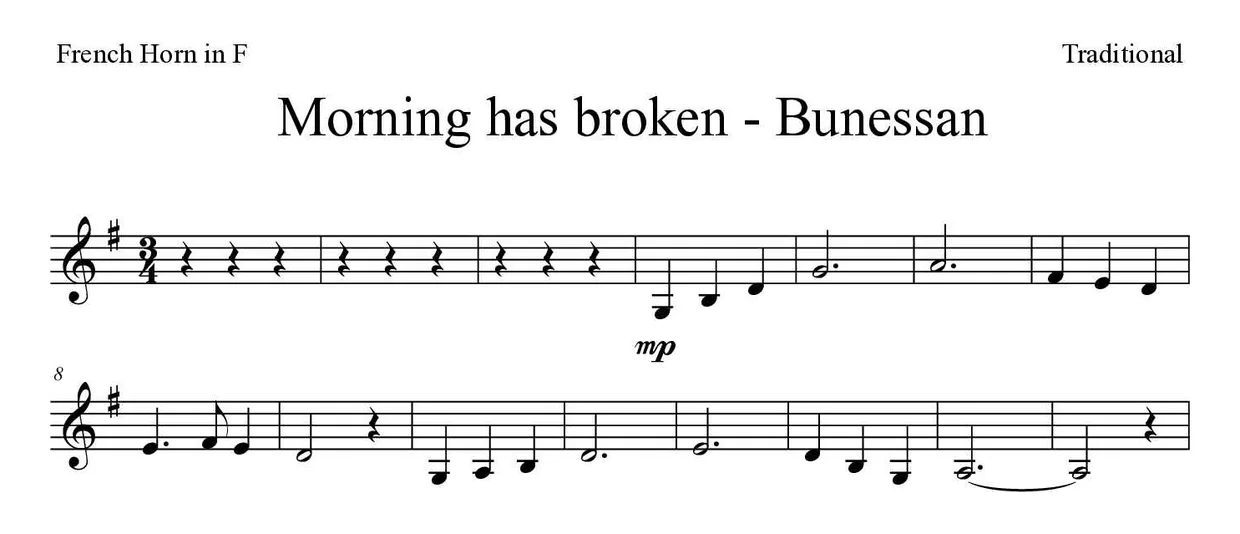 ‘Morning has broken - Bunessan’ French Horn 악보의 첫 몇 줄