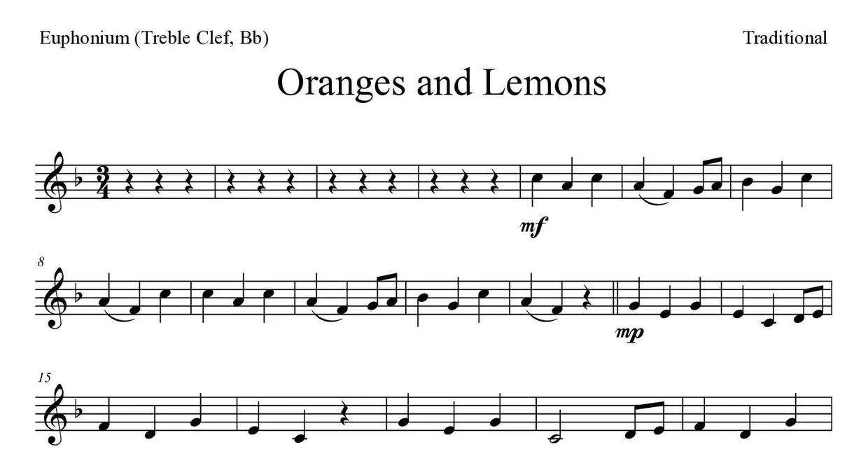 《Oranges and Lemons》上低音号（高音谱号，降B调）乐谱前几行