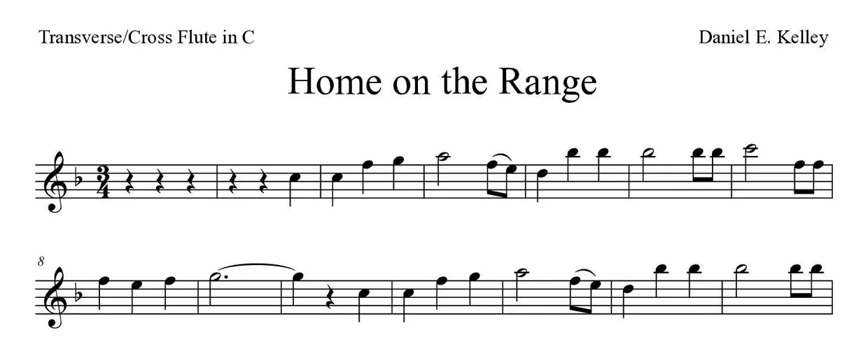 Partitura de Home on the Range para flauta traversa, primeras líneas