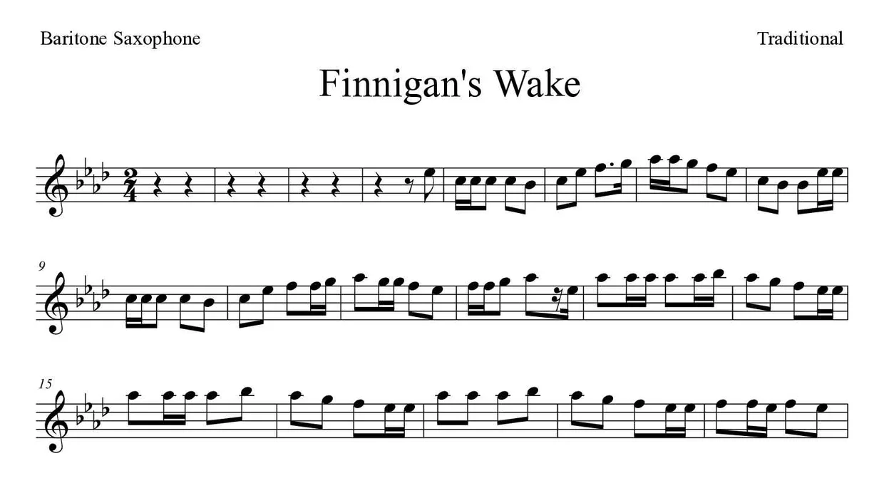 Sheet music of Finnigan's Wake for baritone saxophone (Expert), first lines