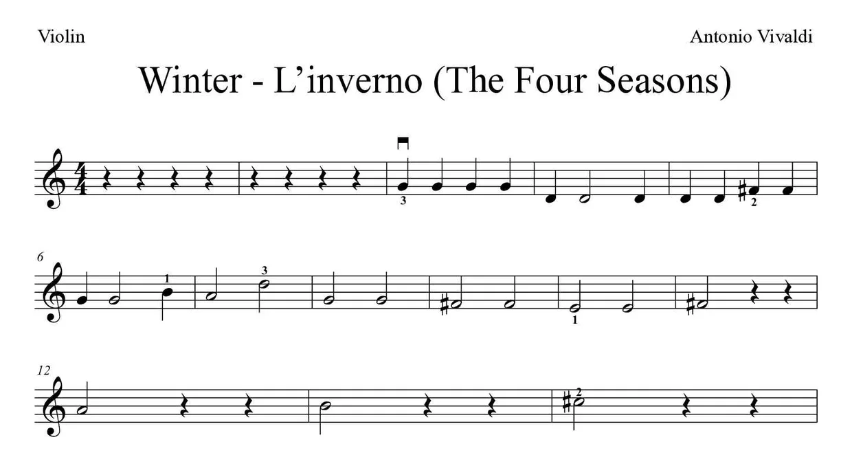 ‘Winter - L’inverno (The Four Seasons)’ Violin 악보의 첫 몇 줄