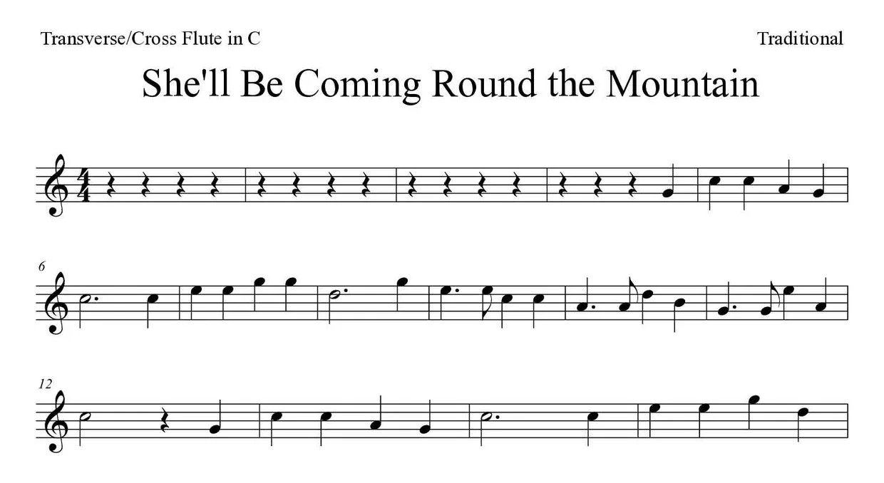 Partitura de She'll Be Coming Round the Mountain para flauta transversal, primeiras linhas