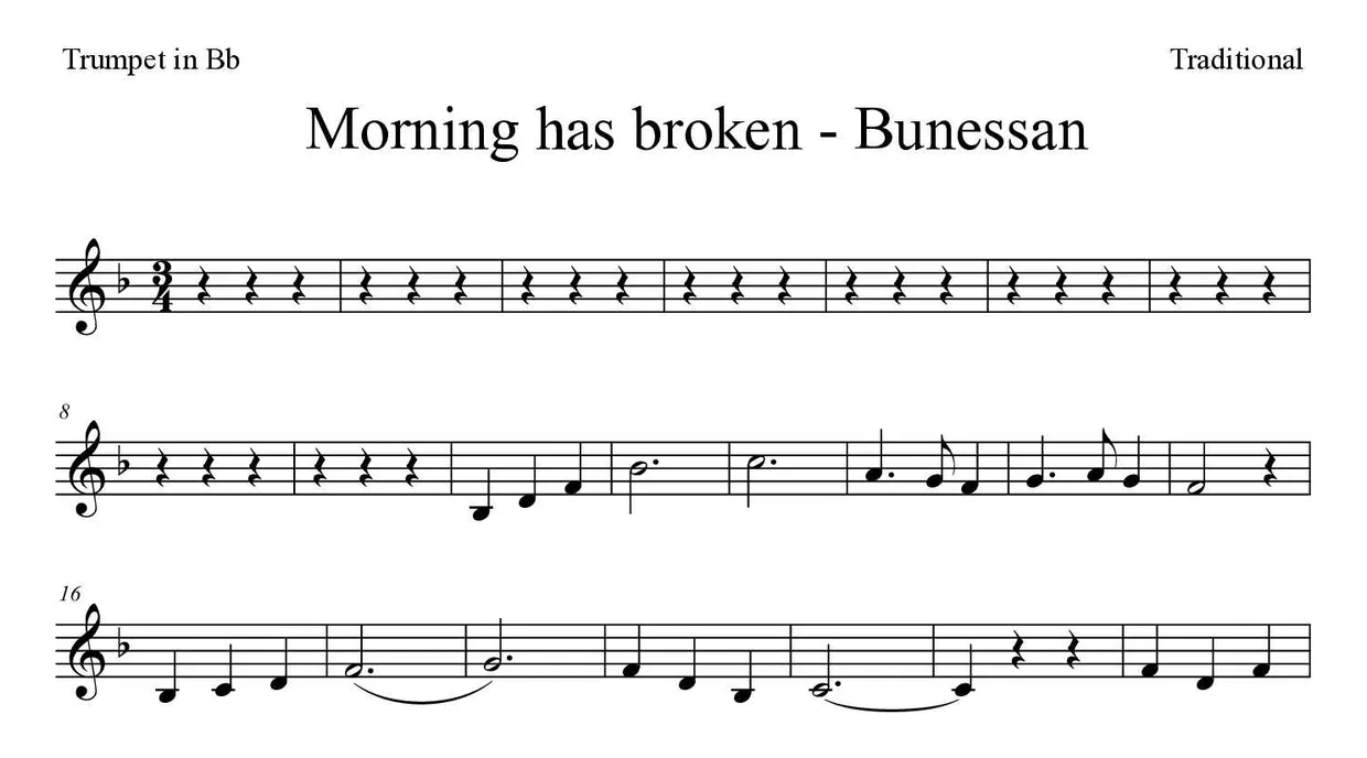 ‘Morning has broken - Bunessan’ Trumpet in Bb 악보의 첫 몇 줄