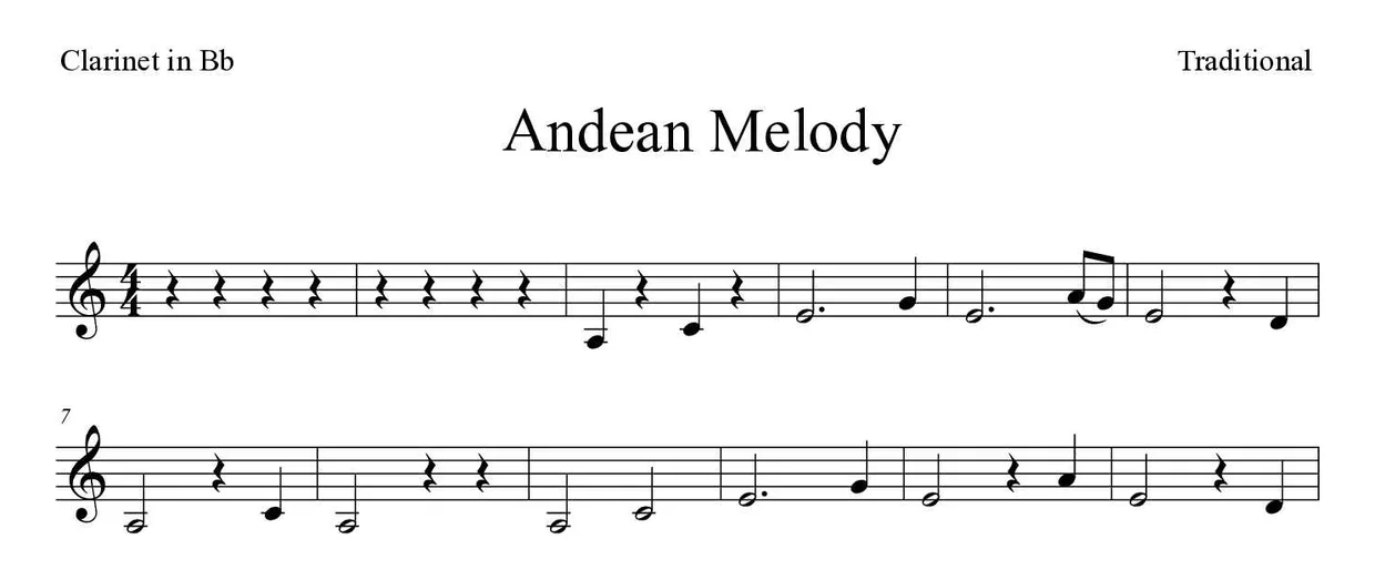 「Andean Melody」Clarinet用楽譜の最初の数段