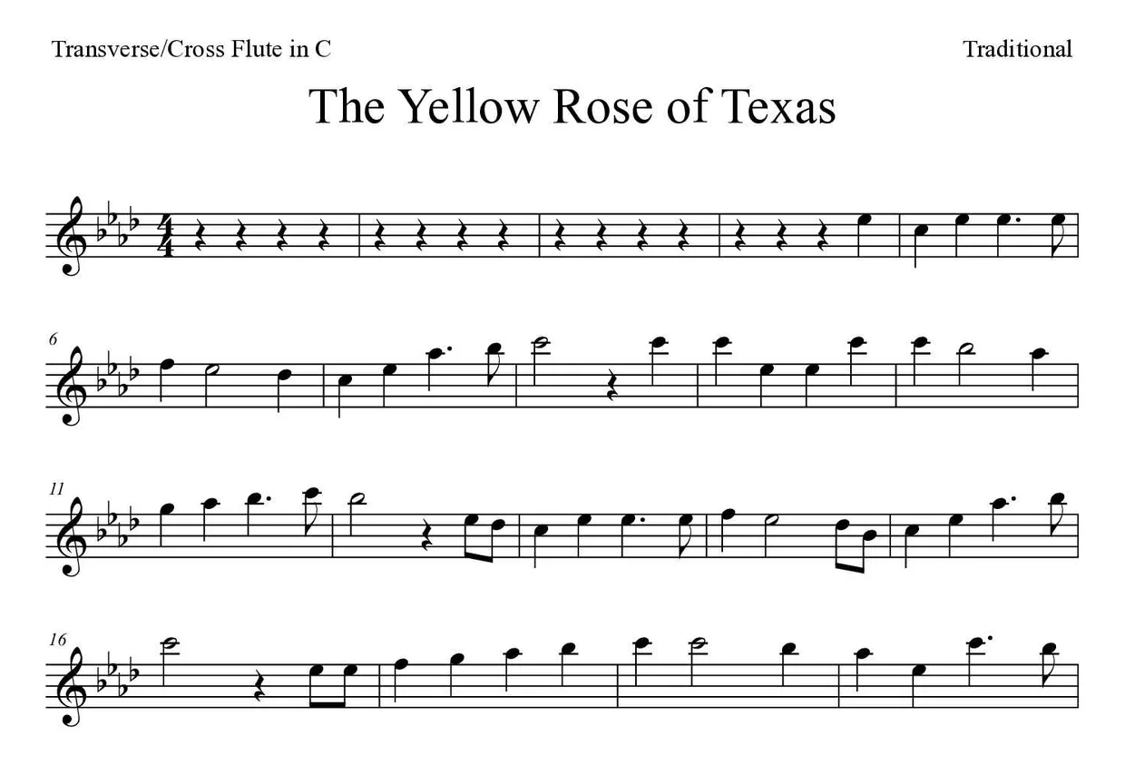 Spartito di The Yellow Rose of Texas per flute, prime righe