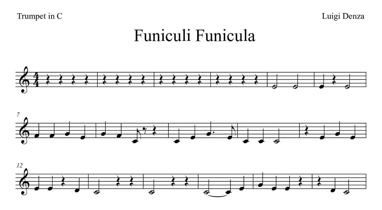 Bladmuziek van Funiculì, Funiculà voor trumpet in C, eerste regels