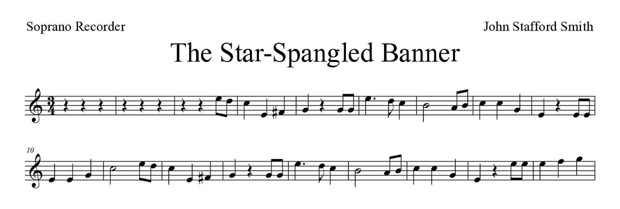 ‘The Star-Spangled Banner’ Recorder 악보의 첫 몇 줄