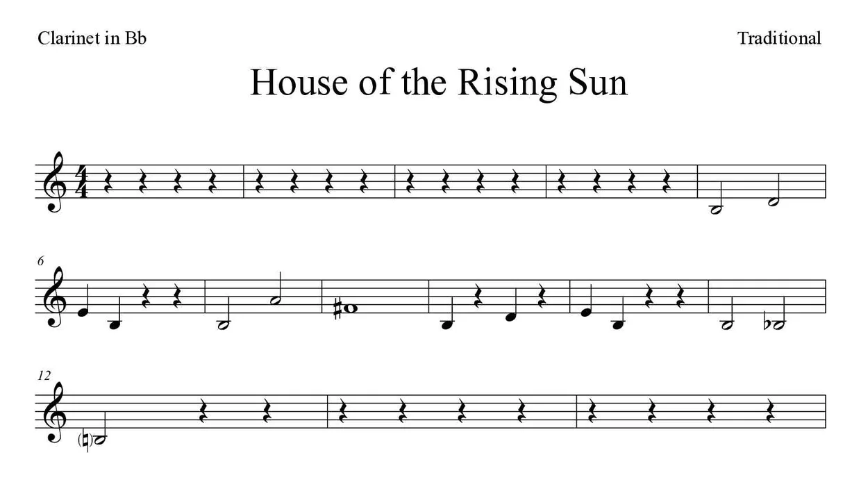 Spartito di House of the Rising Sun per clarinet, prime righe