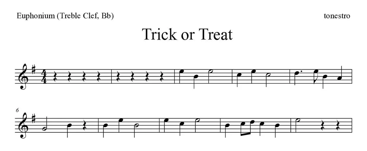「Trick or Treat」Euphonium (Treble Clef, Bb)用楽譜の最初の数段
