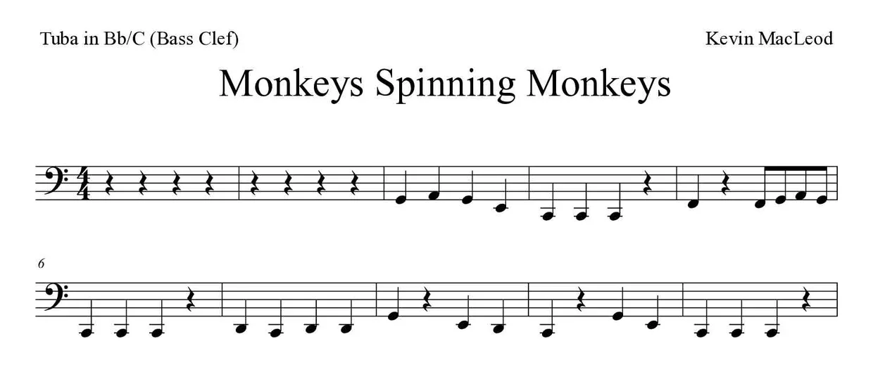 ‘Monkeys Spinning Monkeys’ Tuba in Bb/C (Bass Clef) 악보의 첫 몇 줄